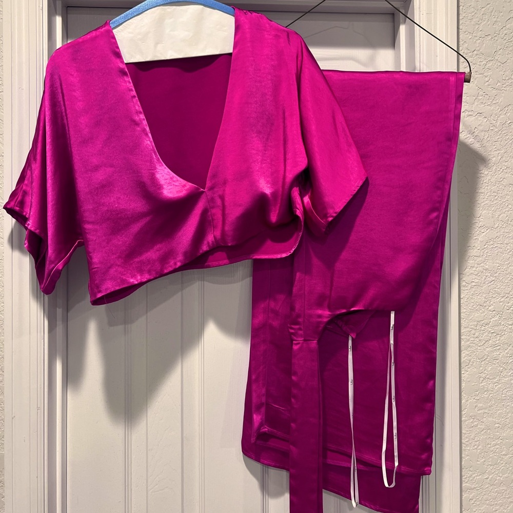 Lulu's Fuchsia Satin Plunge Tie-Front Wide-Leg Jumpsuit - Picture 5 of 5